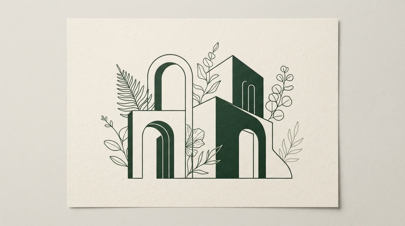 Line-drawn arches and botanical stems in deep green on cream — Embla's calm architectural motif